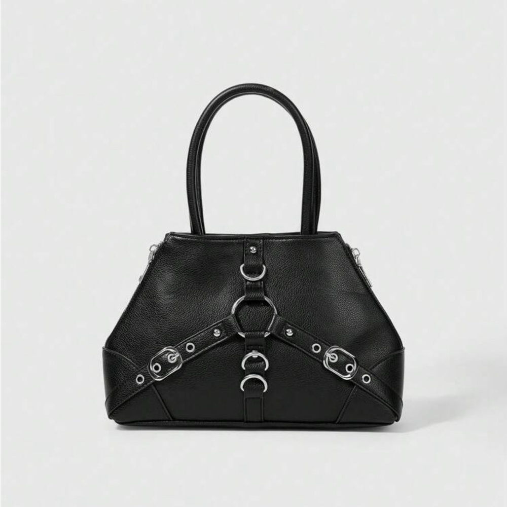 ROMWE Black Structured Tote with Metal Harness Detail